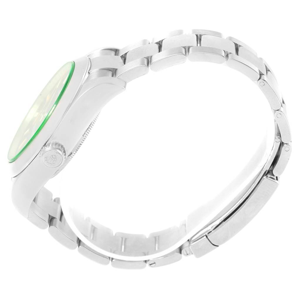 The image shows a side view of a Rolex Milgauss 116400V Men's Stainless Steel Black Dial 116400V Men's Stainless Steel Black Dial watch, highlighting the case, bezel, crown, and part of the bracelet.