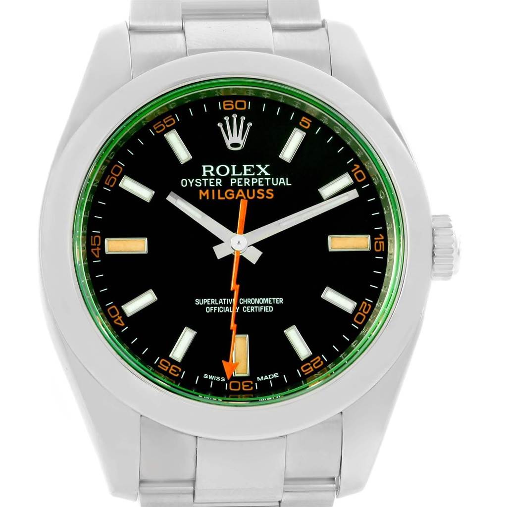 This image shows a frontal view of a Rolex Milgauss 116400V Men's Stainless Steel Black Dial 116400V Men's Stainless Steel Black Dial watch, highlighting its face, hands, bezel, and part of the band.