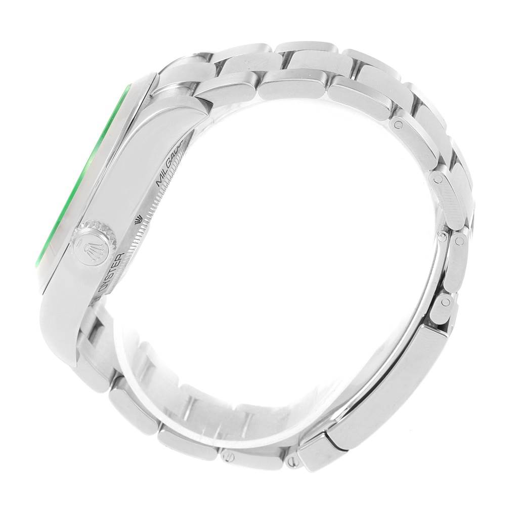 This side view of the Rolex Milgauss 116400GV Men's Stainless Steel Blue Dial 116400GV Men's Stainless Steel Blue Dial watch highlights its stainless steel bracelet and the branded crown.