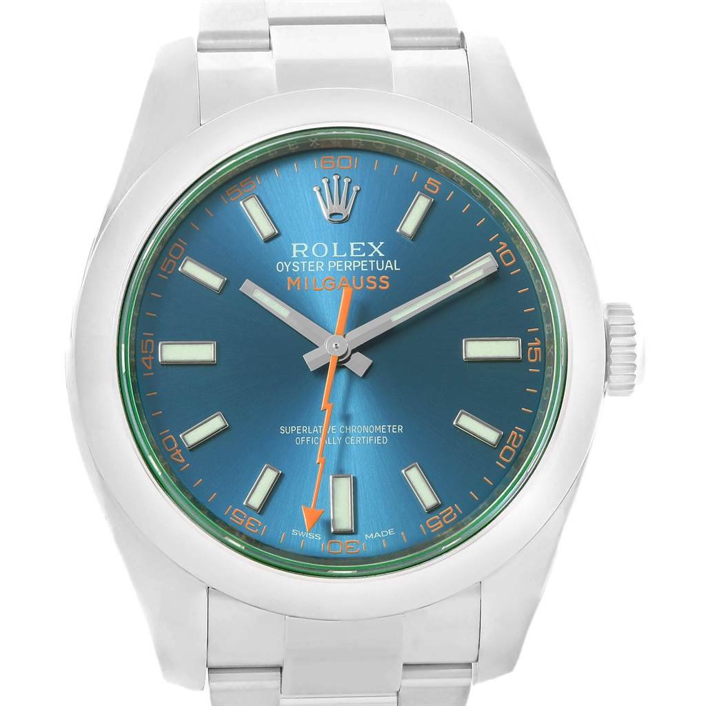 The image shows a front view of a Rolex Milgauss 116400GV Men's Stainless Steel Blue Dial 116400GV Men's Stainless Steel Blue Dial watch with a blue dial and stainless steel bracelet.