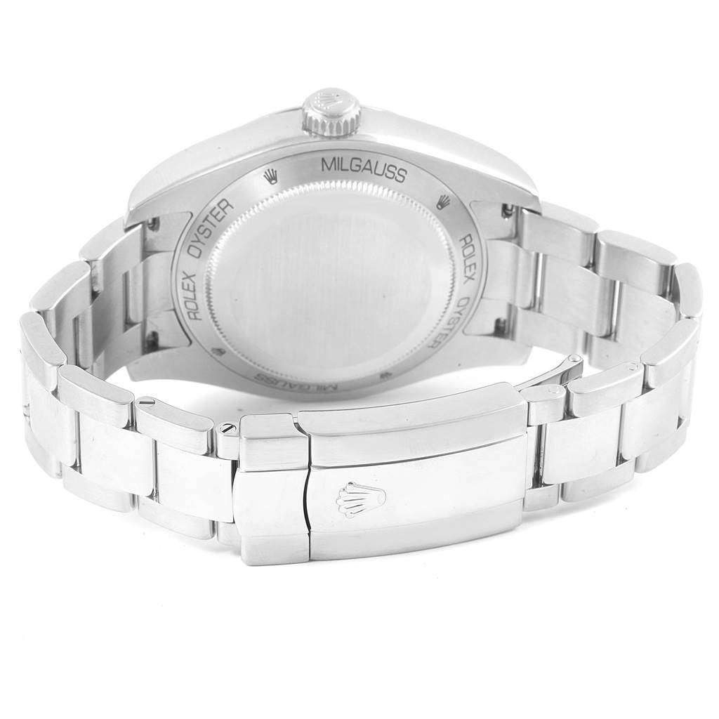 The image shows the back and bracelet clasp of a Rolex Milgauss 116400V Men's Stainless Steel Black Dial 116400V Men's Stainless Steel Black Dial watch from a rear angle.