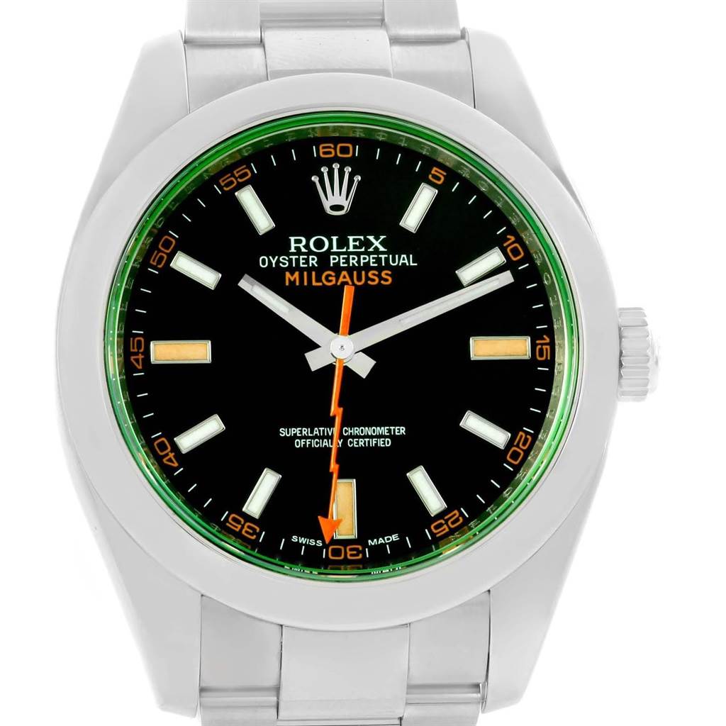 This image shows the front view of a Rolex Milgauss 116400V Men's Stainless Steel Black Dial 116400V Men's Stainless Steel Black Dial watch, highlighting its face, hands, and bezel.