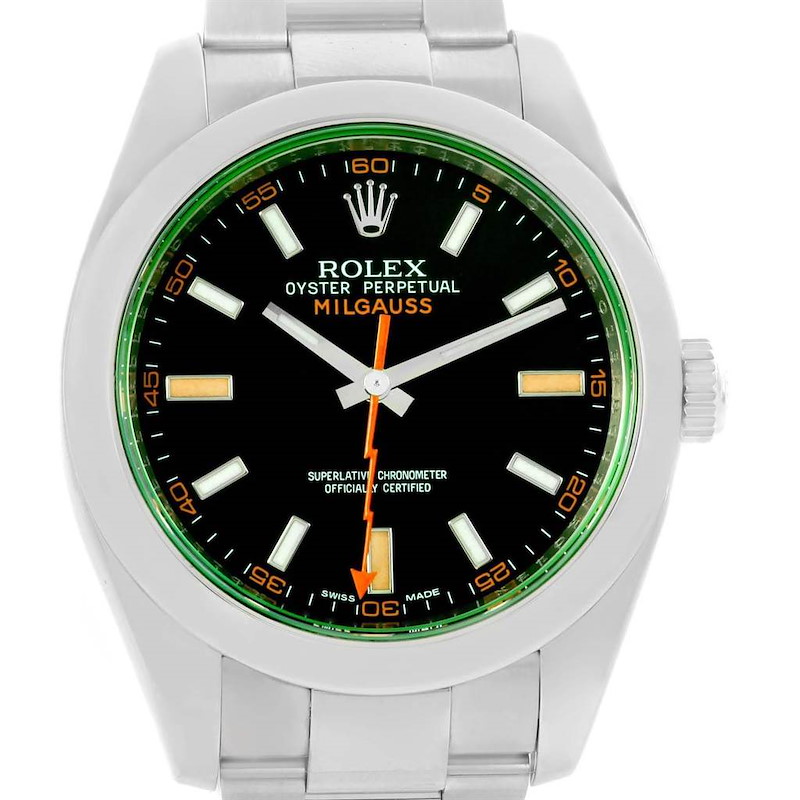 Rolex Milgauss Domed Bezel Green Crystal Mens Watch 116400V Box SwissWatchExpo