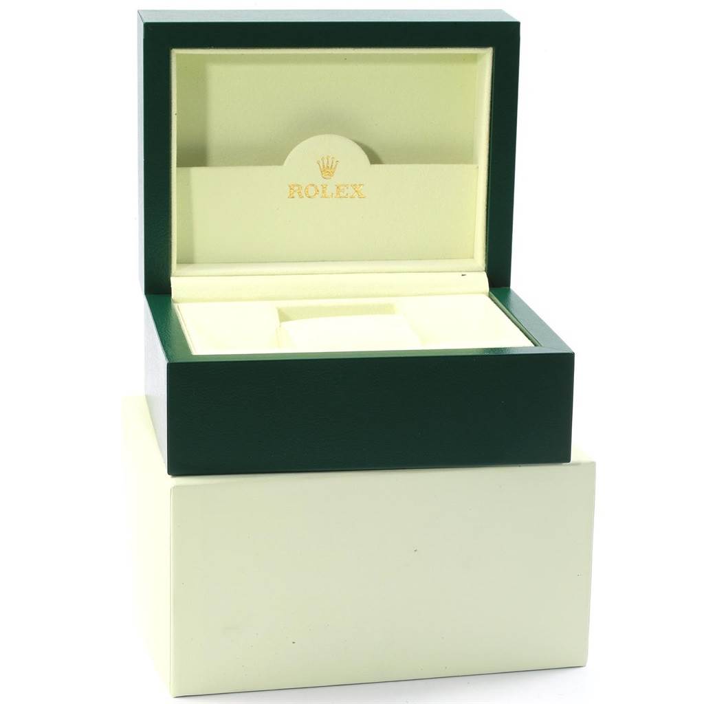 The image shows an open, empty Rolex Milgauss 116400 Men's Stainless Steel Blue Dial 116400 Men's Stainless Steel Blue Dial watch box from a front angle.