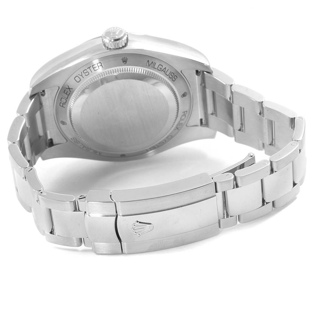 The image shows the back case and bracelet of a Rolex Milgauss 116400 Men's Stainless Steel Blue Dial 116400 Men's Stainless Steel Blue Dial watch from a rear angle.