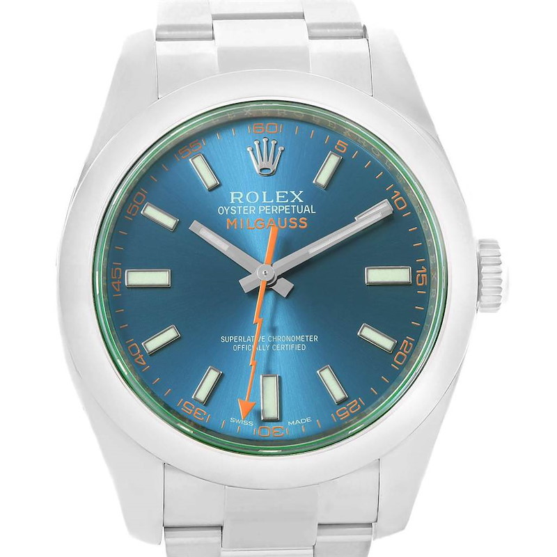 The image shows a front view of a Rolex Milgauss watch featuring a blue dial with a stainless steel bracelet.