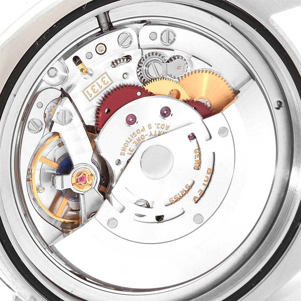 The image shows the movement and internal mechanisms of a Rolex Milgauss 116400 Men's Stainless Steel Blue Dial 116400 Men's Stainless Steel Blue Dial model from the back side.