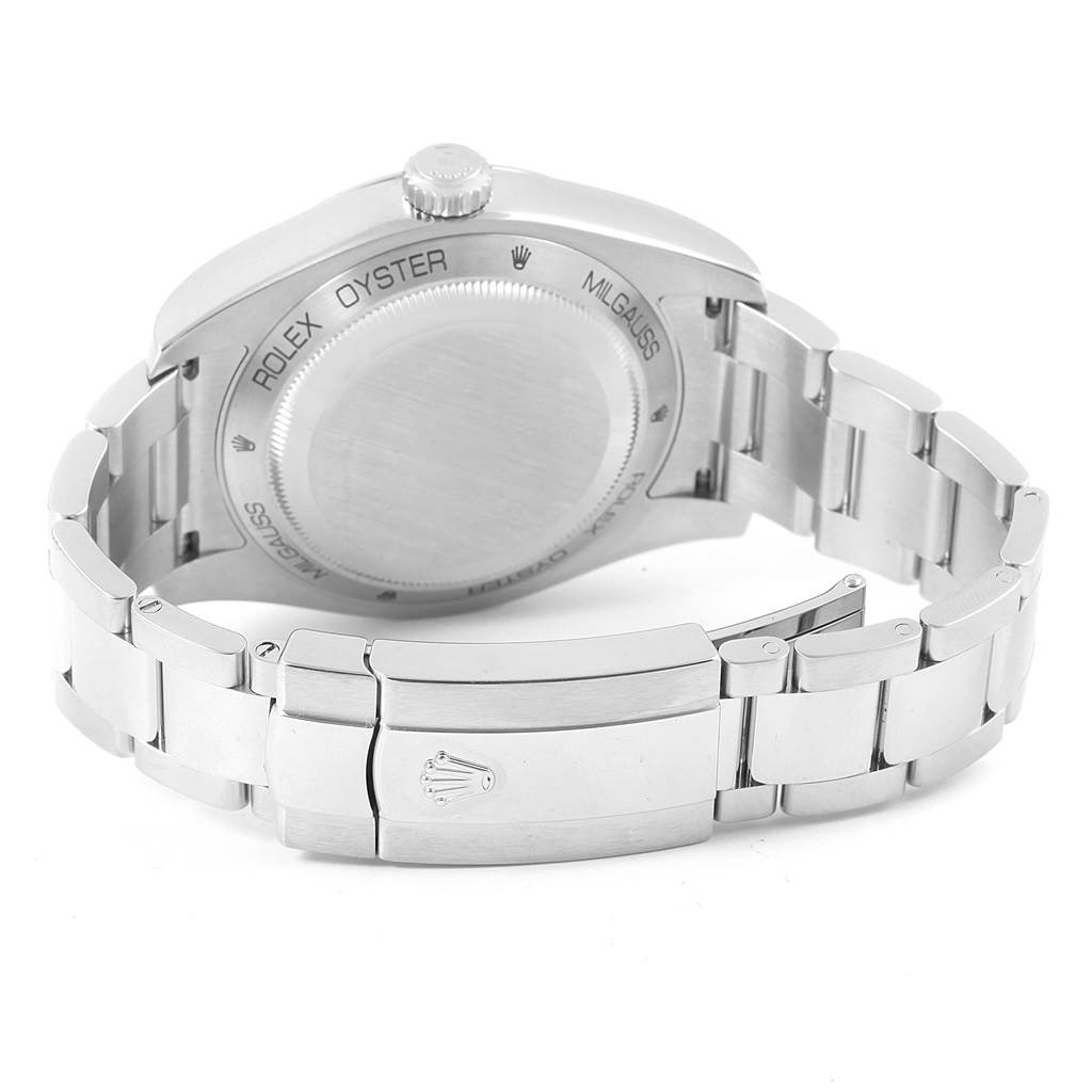 The image shows the back case and bracelet of a Rolex Milgauss 116400GV Men's Stainless Steel Blue Dial 116400GV Men's Stainless Steel Blue Dial watch from a rear angle.