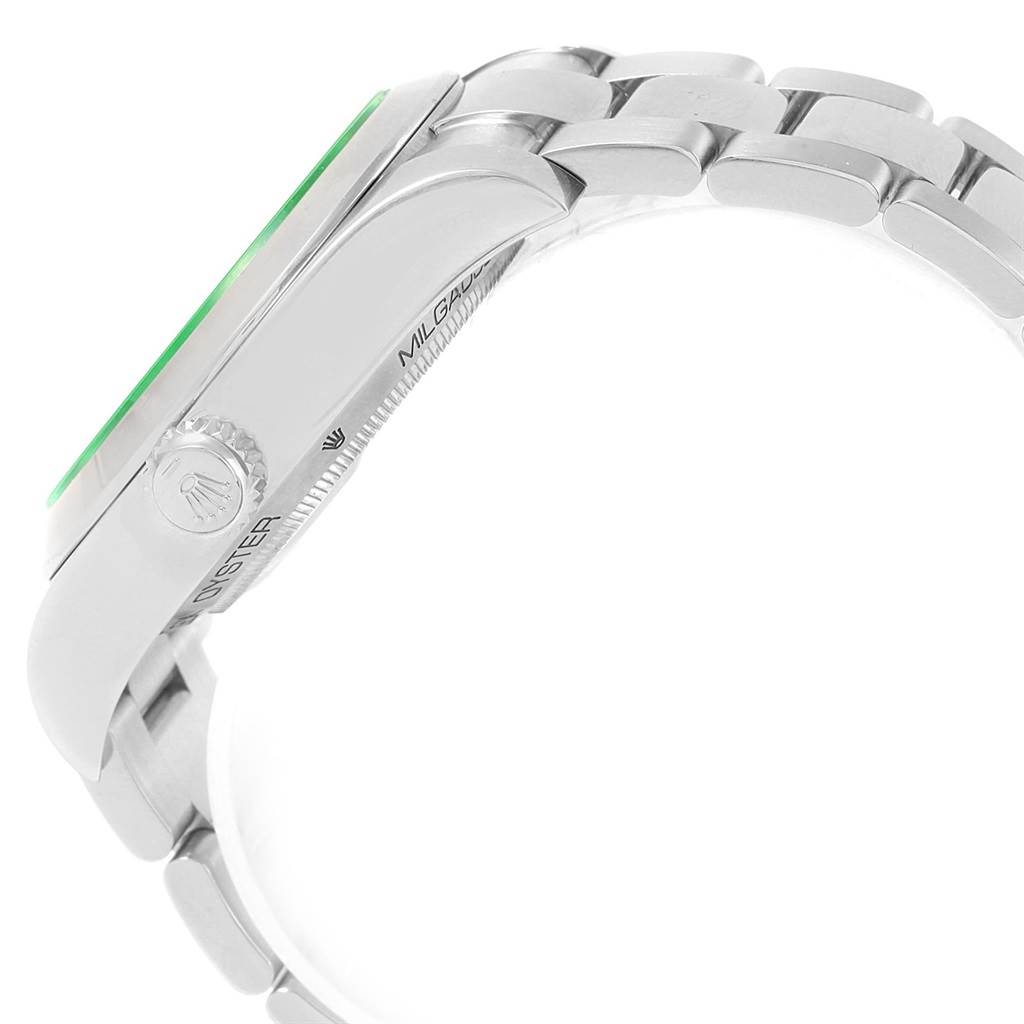 The image shows a side profile of a Rolex Milgauss 116400GV Men's Stainless Steel Blue Dial 116400GV Men's Stainless Steel Blue Dial watch, highlighting the crown, case, and part of the metal band.