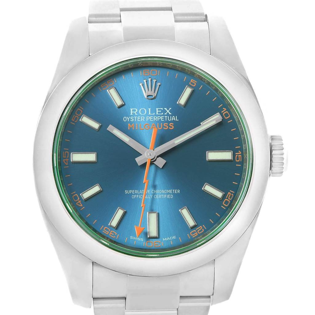 This image features a front view of the Rolex Milgauss 116400GV Men's Stainless Steel Blue Dial 116400GV Men's Stainless Steel Blue Dial watch displaying its blue dial, luminous markers, and stainless steel bracelet.