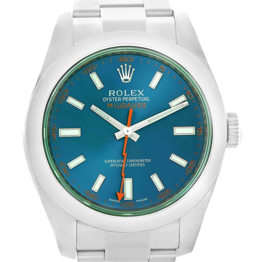 This image shows a front view of the Rolex Milgauss 116400GV Men's Stainless Steel Blue Dial 116400GV Men's Stainless Steel Blue Dial watch, highlighting the dial, hands, bezel, and bracelet.