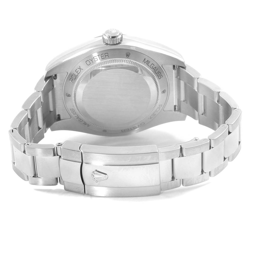 The image shows the back view of a Rolex Milgauss 116400GV Men's Stainless Steel Blue Dial 116400GV Men's Stainless Steel Blue Dial watch, highlighting the case back and the bracelet with the clasp.