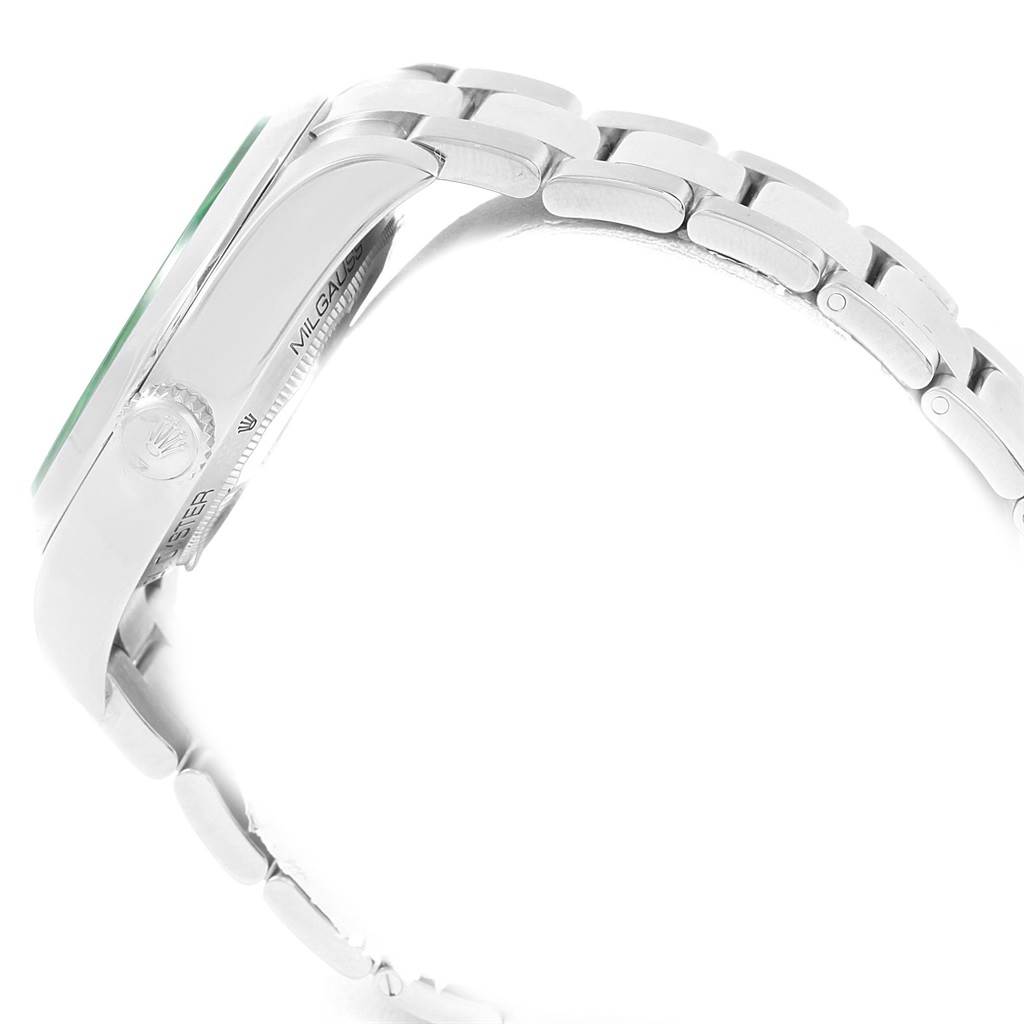 This image shows a side view of the Rolex Milgauss 116400GV Men's Stainless Steel Blue Dial 116400GV Men's Stainless Steel Blue Dial watch, highlighting the case, crown, and bracelet.