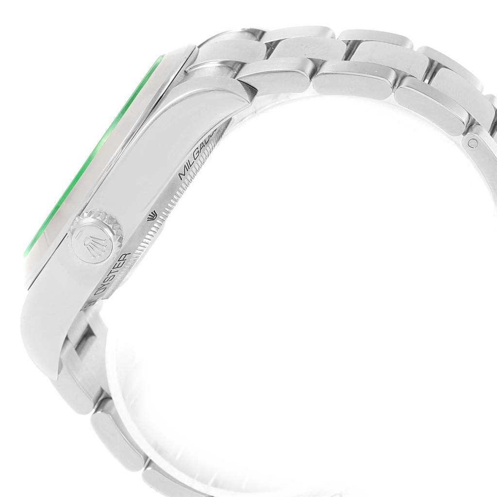 The image shows the side profile of a Rolex Milgauss 116400GV Men's Stainless Steel Blue Dial 116400GV Men's Stainless Steel Blue Dial watch, highlighting its bracelet, case, and crown.