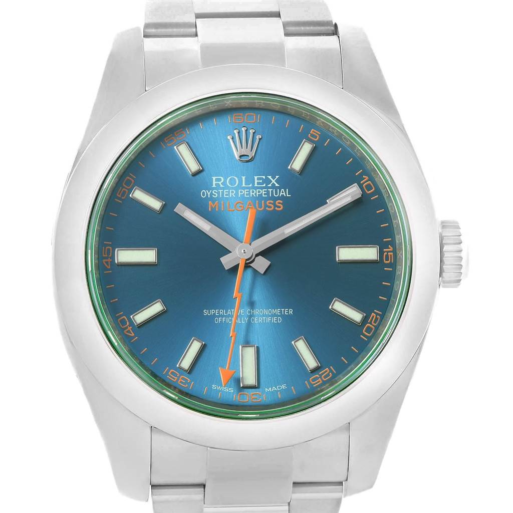 This image shows a close-up, front view of the Rolex Milgauss 116400GV Men's Stainless Steel Blue Dial 116400GV Men's Stainless Steel Blue Dial watch, highlighting its dial, bezel, and part of the bracelet.