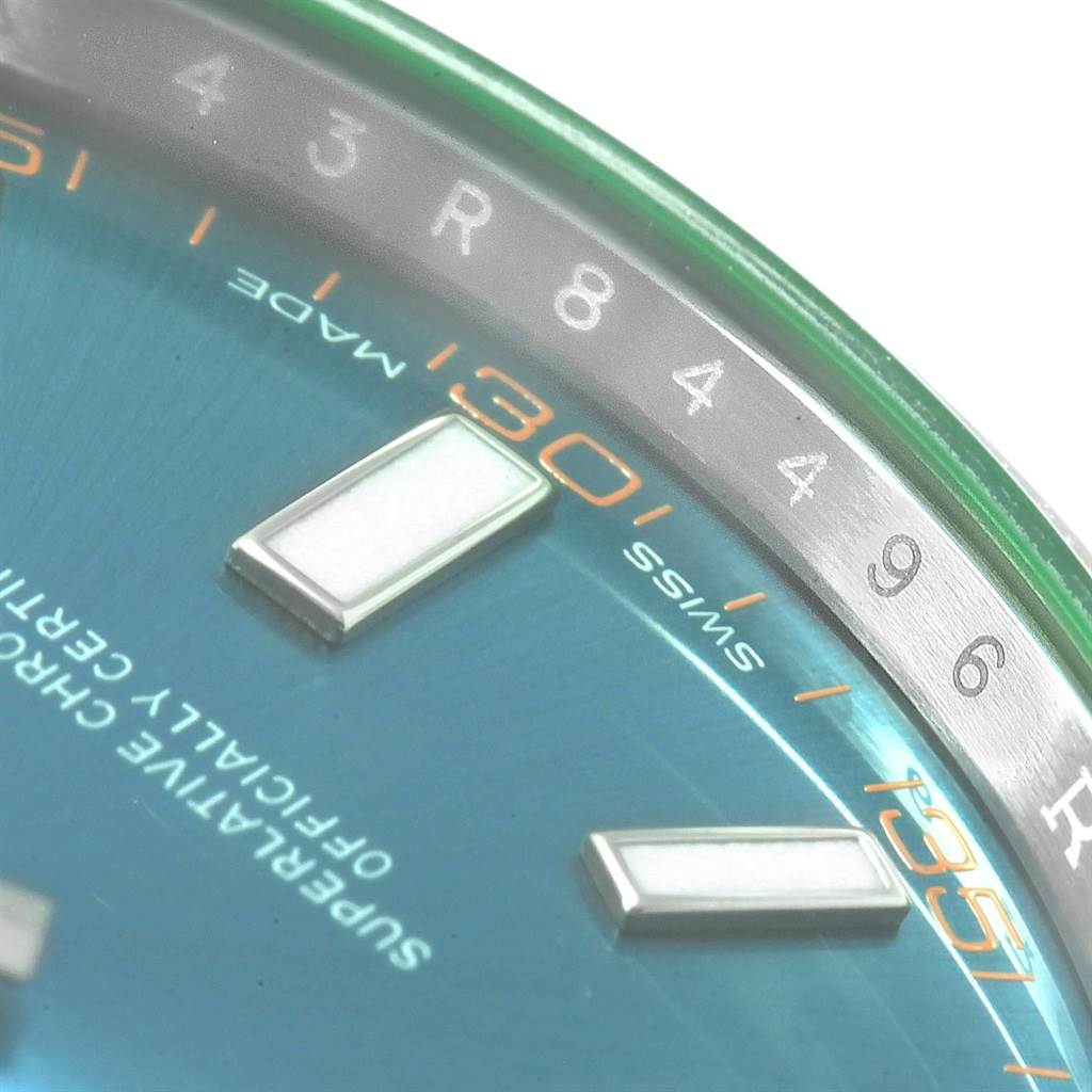 Close-up view of the dial and hour markers of the Rolex Milgauss 116400GV Men's Stainless Steel Blue Dial 116400GV Men's Stainless Steel Blue Dial watch, showing part of the minutes track and the "Swiss Made" text.