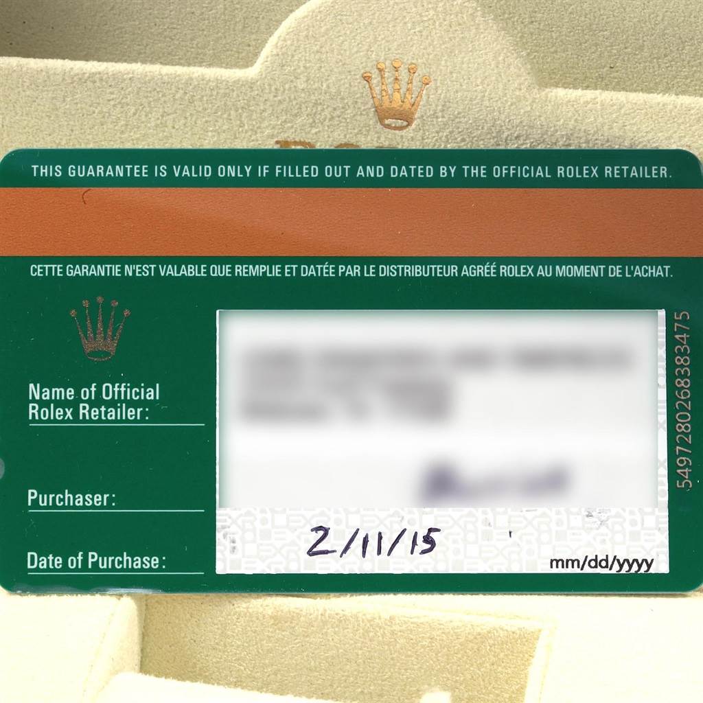 The image shows a warranty card for the Rolex Milgauss 116400GV Men's Stainless Steel Blue Dial 116400GV Men's Stainless Steel Blue Dial model, with details about the official retailer, purchaser, and date of purchase.