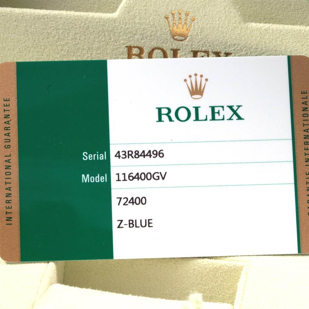 The image shows the serial and model details card for the Rolex Milgauss 116400GV Men's Stainless Steel Blue Dial 116400GV Men's Stainless Steel Blue Dial watch, model 116400GV.