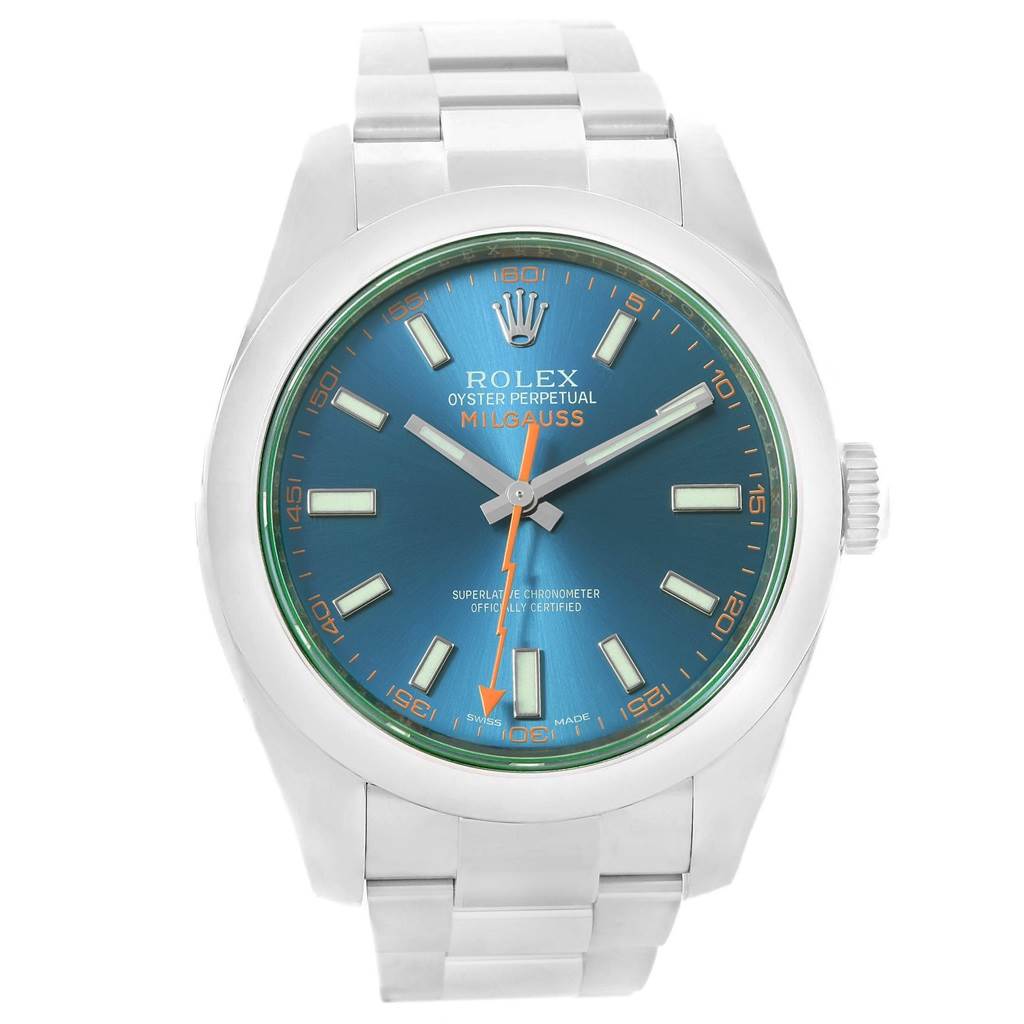 This Rolex Milgauss 116400GV Men's Stainless Steel Blue Dial 116400GV Men's Stainless Steel Blue Dial watch is shown from a front angle, highlighting its blue dial, stainless steel case, and bracelet.