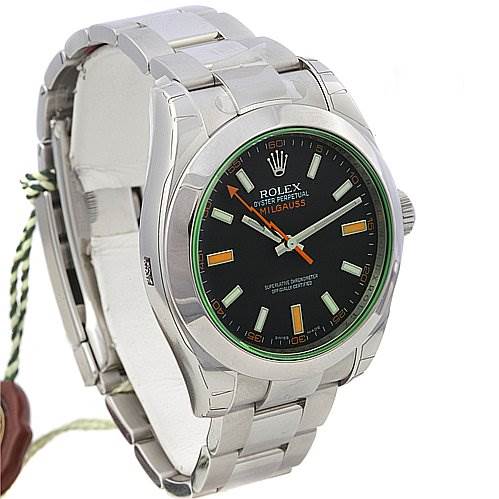 The image shows a Rolex Milgauss 116400V Men's Stainless Steel Black Dial 116400V Men's Stainless Steel Black Dial watch at a slight side angle, displaying the face, bracelet, and part of the clasp.