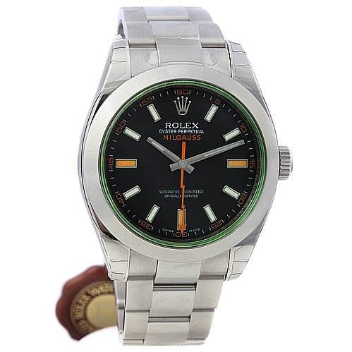 The image displays a frontal view of the Rolex Milgauss 116400V Men's Stainless Steel Black Dial 116400V Men's Stainless Steel Black Dial watch, highlighting its black dial, stainless steel bracelet, and green-tinted bezel.