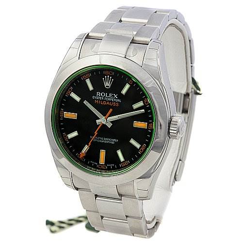 This image shows a front angle view of the Rolex Milgauss 116400V Men's Stainless Steel Black Dial 116400V Men's Stainless Steel Black Dial watch, highlighting its face, bezel, crown, and bracelet.