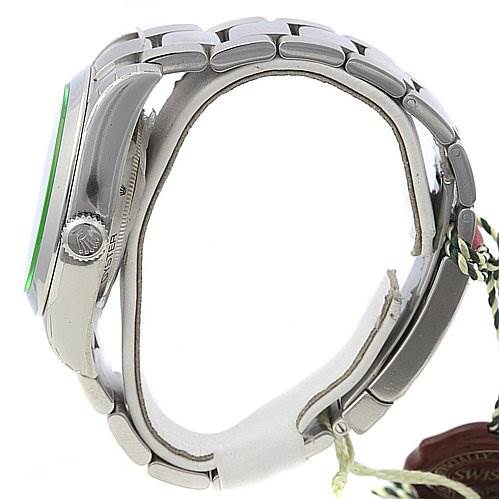 The image shows a side profile of a Rolex Milgauss 116400V Men's Stainless Steel Black Dial 116400V Men's Stainless Steel Black Dial watch, highlighting the crown, case, and partially the watch band.