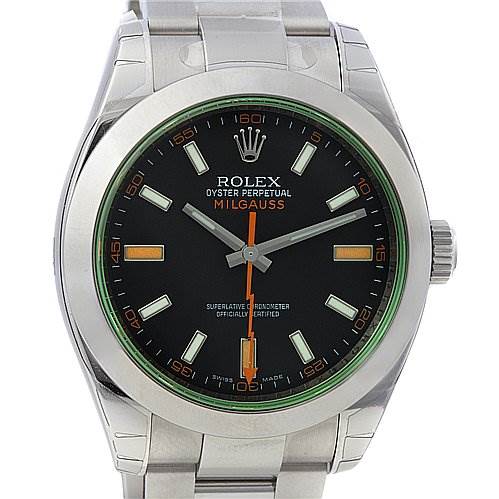 The image shows a front view of the Rolex Milgauss 116400V Men's Stainless Steel Black Dial 116400V Men's Stainless Steel Black Dial watch, focusing on the dial, bezel, and part of the bracelet.
