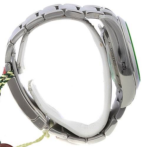 The image shows a side profile of a Rolex Milgauss 116400V Men's Stainless Steel Black Dial 116400V Men's Stainless Steel Black Dial watch, displaying its metal bracelet and the side of the watch case.