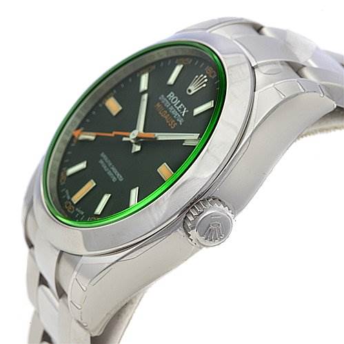 The image shows a Rolex Milgauss 116400V Men's Stainless Steel Black Dial 116400V Men's Stainless Steel Black Dial watch at an angled side view, highlighting the crown and part of the bracelet.