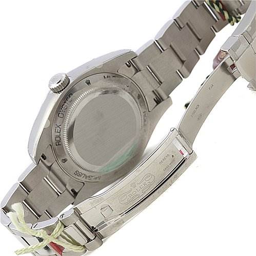 The image shows the back case, crown, and partially open clasp of a Rolex Milgauss 116400V Men's Stainless Steel Black Dial 116400V Men's Stainless Steel Black Dial watch from an angled side view.