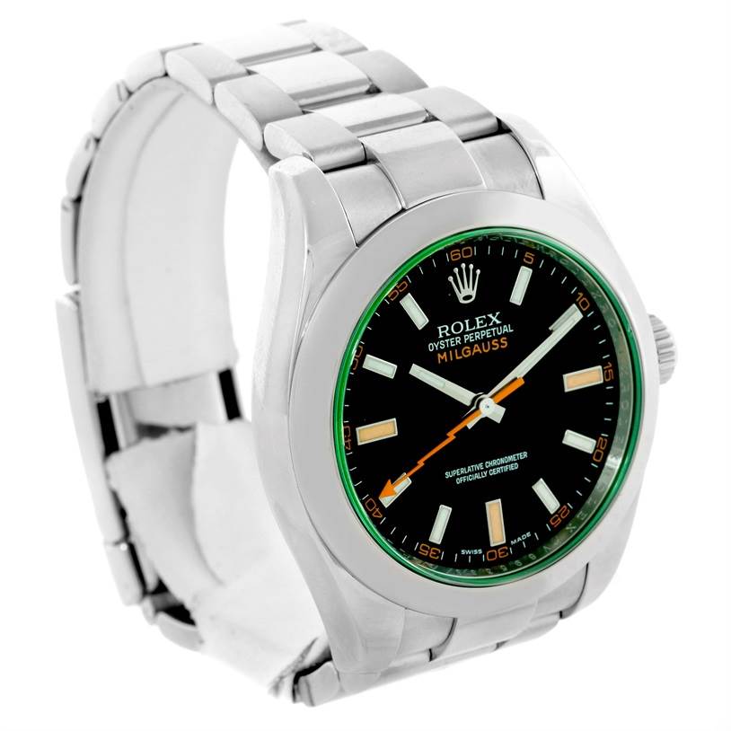 The image shows a Rolex Milgauss 116400V Men's Stainless Steel Black Dial 116400V Men's Stainless Steel Black Dial watch at a three-quarter angle, highlighting its face, bezel, case, and bracelet.