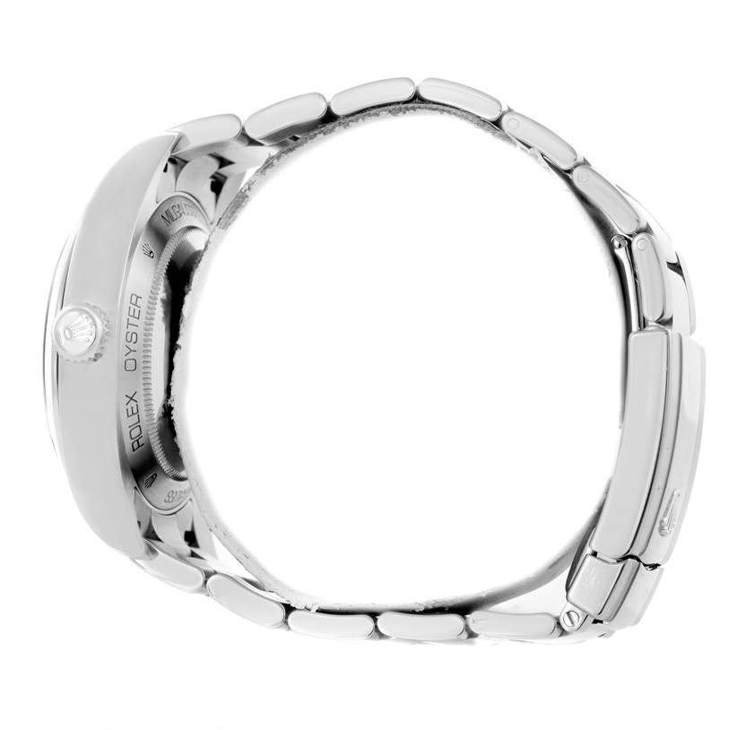 The image shows a side view of the Rolex Milgauss 116400V Men's Stainless Steel Black Dial 116400V Men's Stainless Steel Black Dial watch focusing on the case and the linked bracelet.