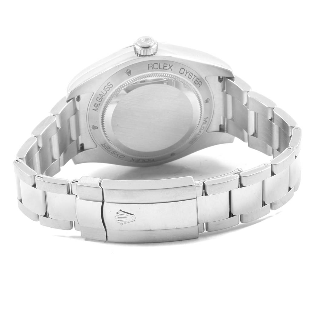 The image shows the back case, crown, and bracelet of the Rolex Milgauss 116400GV Men's Stainless Steel Blue Dial 116400GV Men's Stainless Steel Blue Dial watch from a rear angle.