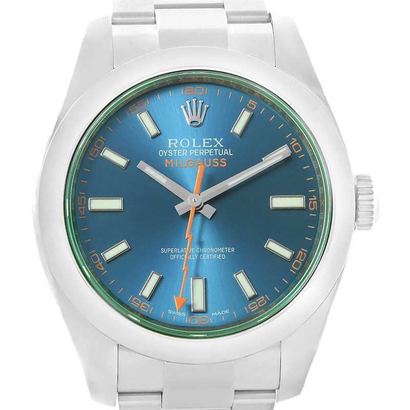 Rolex Milgauss Blue Dial Green Crystal Mens Watch 116400GV Box Papers SwissWatchExpo