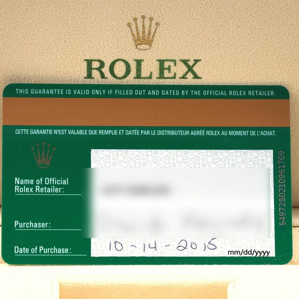 This image shows a guarantee card for the Rolex Milgauss 116400GV Men's Stainless Steel Blue Dial 116400GV Men's Stainless Steel Blue Dial watch, with dates and retailer information visible.
