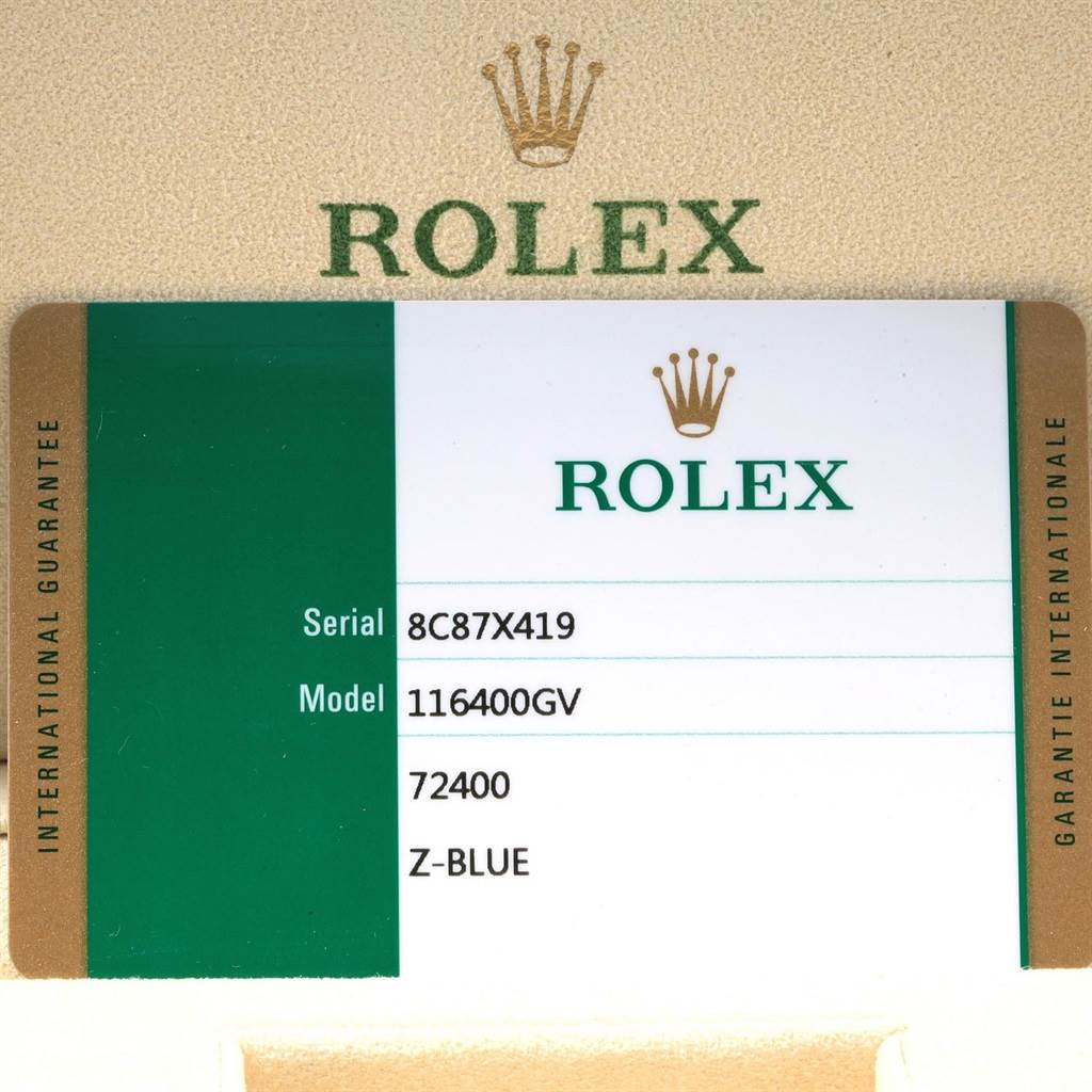 This image shows the guarantee card for a Rolex Milgauss 116400GV Men's Stainless Steel Blue Dial 116400GV Men's Stainless Steel Blue Dial model, displaying its serial number and model information.