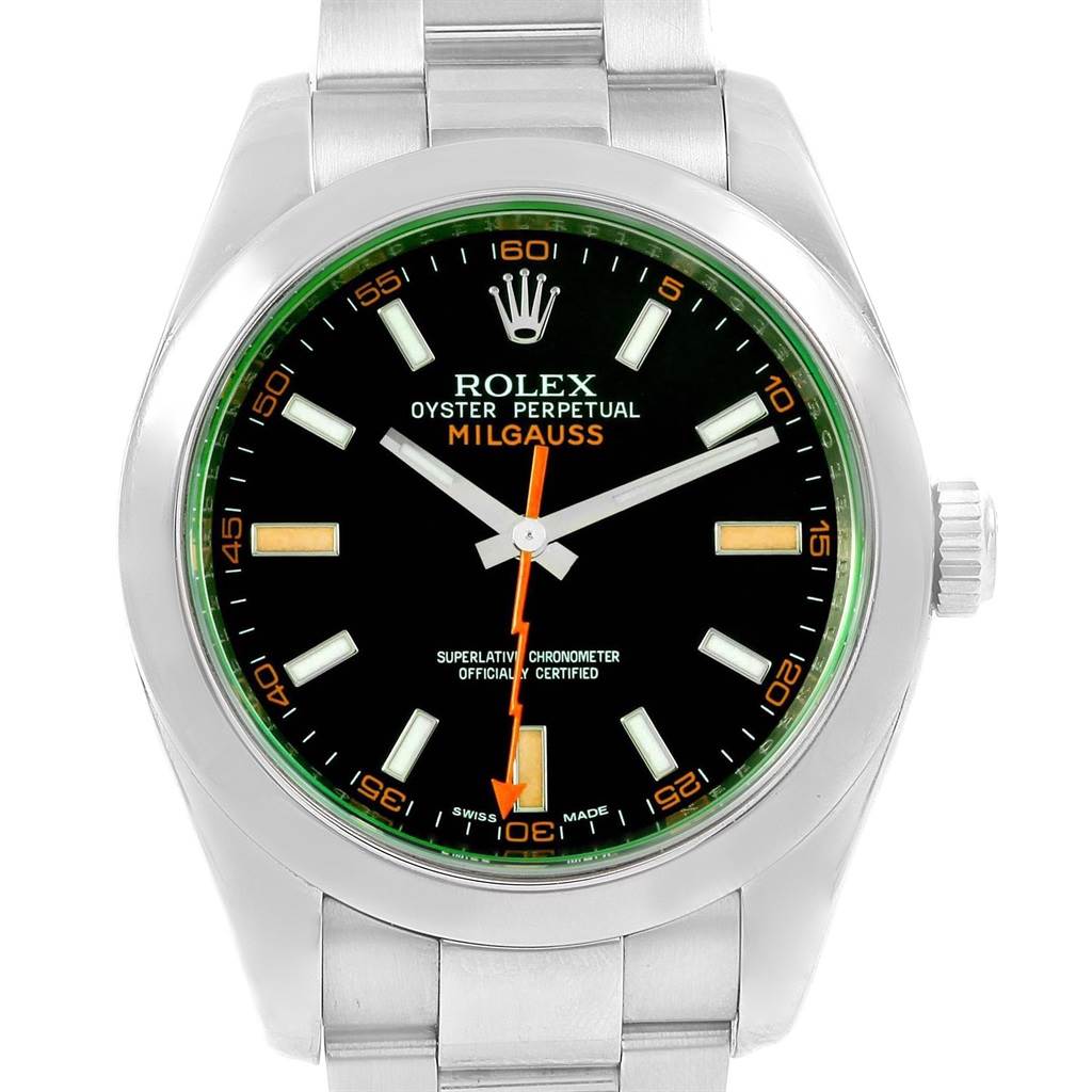 This image shows a front view of the Rolex Milgauss 116400V Men's Stainless Steel Black Dial 116400V Men's Stainless Steel Black Dial watch, highlighting its dial, hands, bezel, and bracelet.