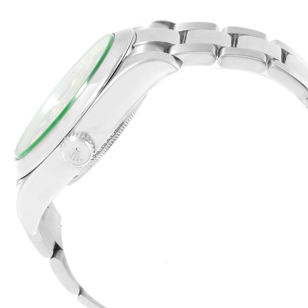 The image shows a side view of the Rolex Milgauss 116400V Men's Stainless Steel Black Dial 116400V Men's Stainless Steel Black Dial, highlighting its case, crown, and bracelet.