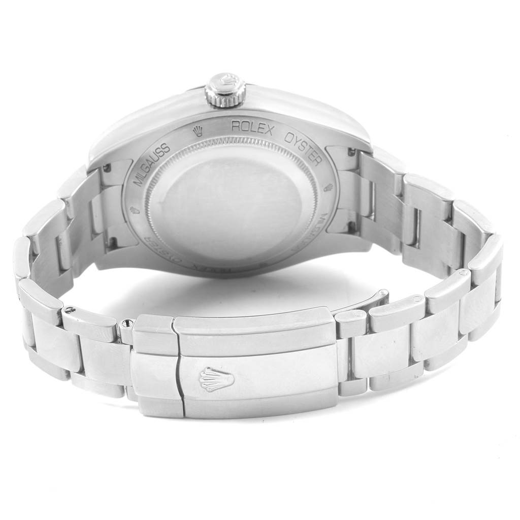 The image shows the back case and stainless steel bracelet of a Rolex Milgauss 116400V Men's Stainless Steel Black Dial 116400V Men's Stainless Steel Black Dial watch from a rear angle.