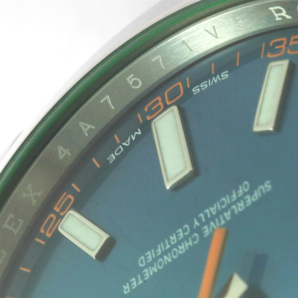This close-up image shows part of the dial and bezel of a Rolex Milgauss 116400GV Men's Stainless Steel Blue Dial 116400GV Men's Stainless Steel Blue Dial watch, highlighting the markers and text details.