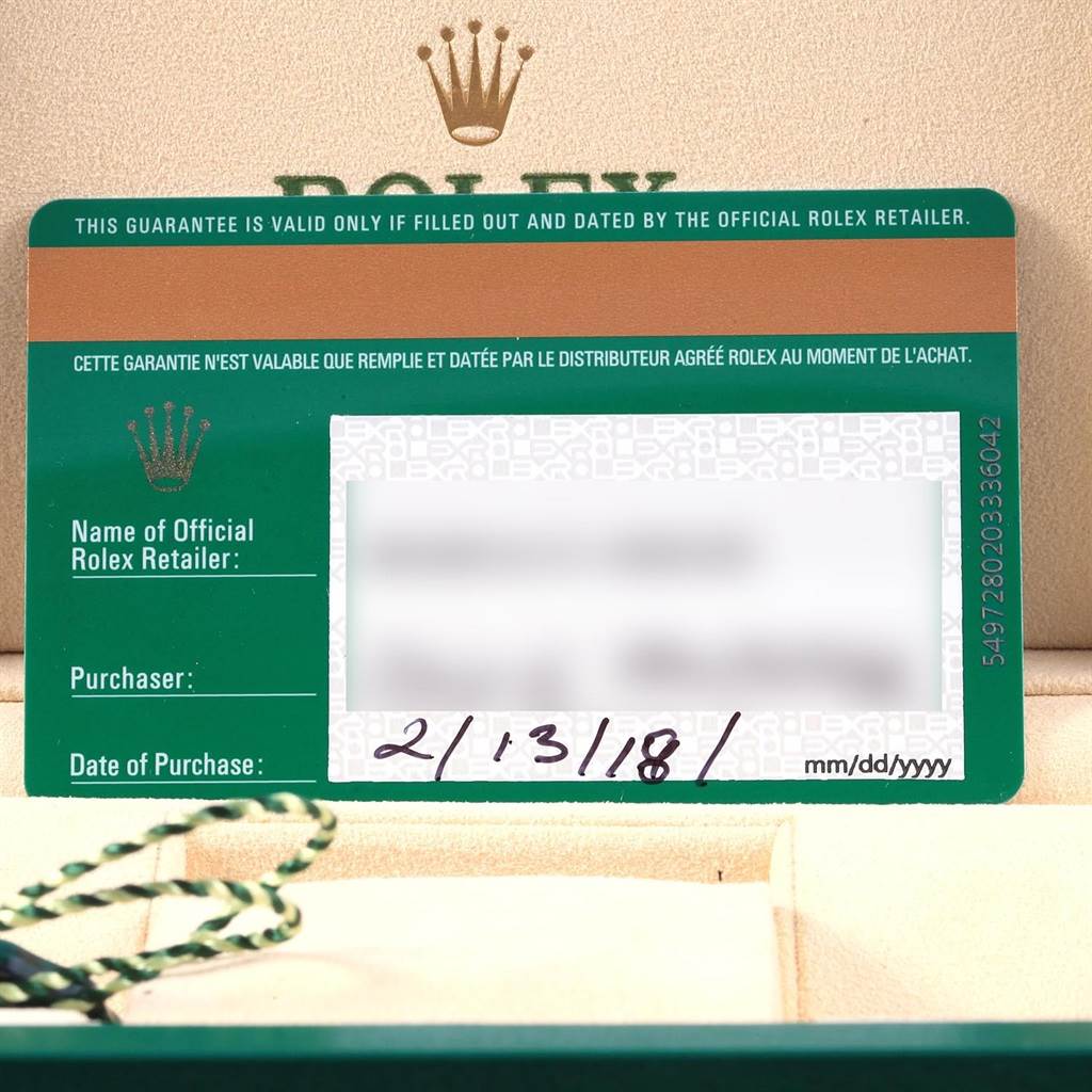 The image shows the guarantee card for the Rolex Milgauss 116400GV Men's Stainless Steel Blue Dial 116400GV Men's Stainless Steel Blue Dial watch, with the purchase and retailer details blurred out.