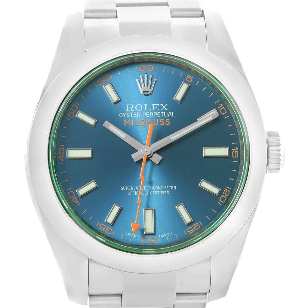 This image shows a front view of the Rolex Milgauss 116400GV Men's Stainless Steel Blue Dial 116400GV Men's Stainless Steel Blue Dial watch displaying its dial, hands, and bracelet.