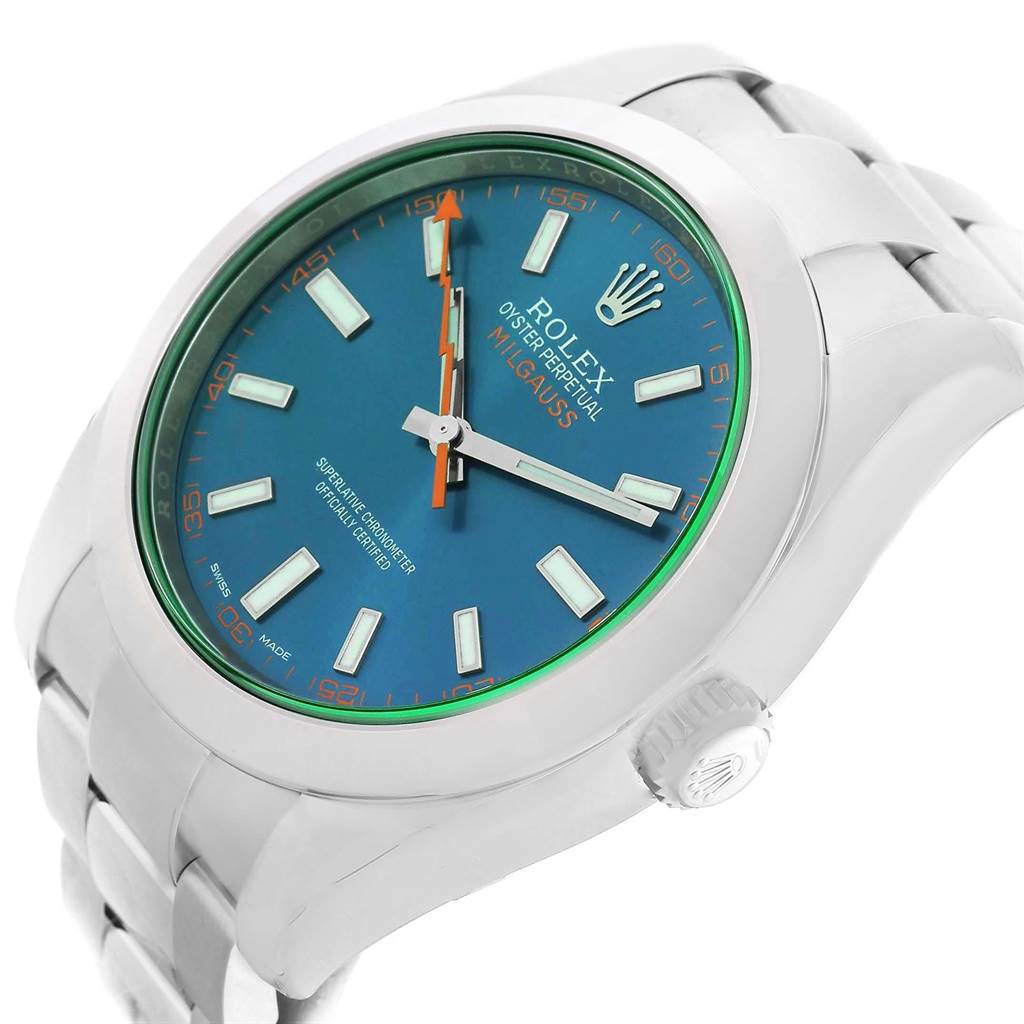The image shows a close-up angled view of the Rolex Milgauss 116400GV Men's Stainless Steel Blue Dial 116400GV Men's Stainless Steel Blue Dial watch, featuring its face, hands, and part of its bracelet.