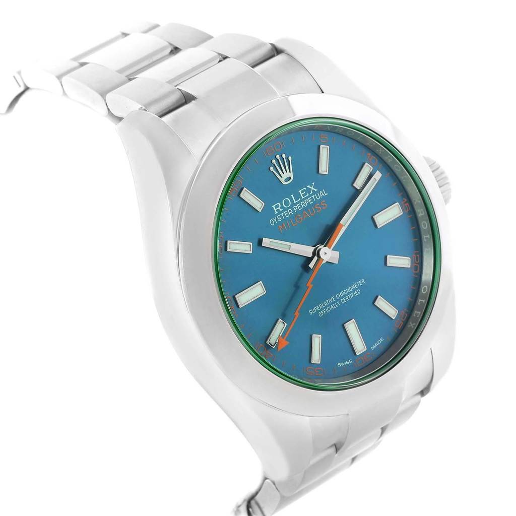 This image shows a side angle of a Rolex Milgauss 116400GV Men's Stainless Steel Blue Dial 116400GV Men's Stainless Steel Blue Dial watch, highlighting the blue dial, markers, hands, and part of the stainless steel bracelet.