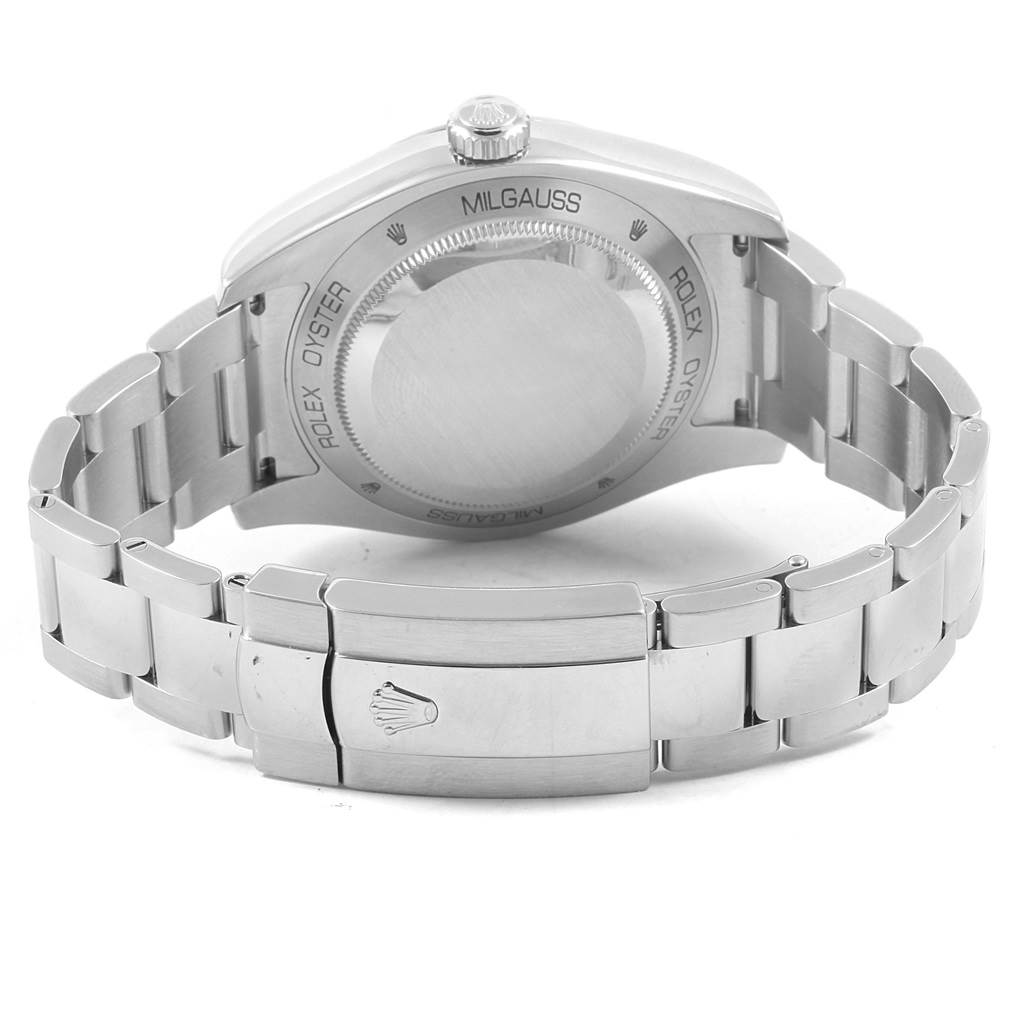 The image shows the back view of a Rolex Milgauss 116400GV Men's Stainless Steel Blue Dial 116400GV Men's Stainless Steel Blue Dial watch, highlighting the case back and the Oyster bracelet with its clasp.