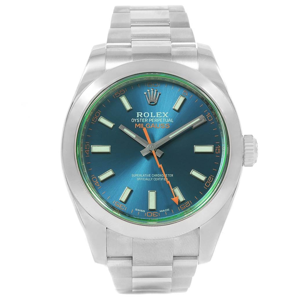 This Rolex Milgauss 116400V Men's Stainless Steel Blue Dial 116400V Men's Stainless Steel Blue Dial watch is shown from a front angle, displaying the dial, hands, crown, and part of the bracelet.