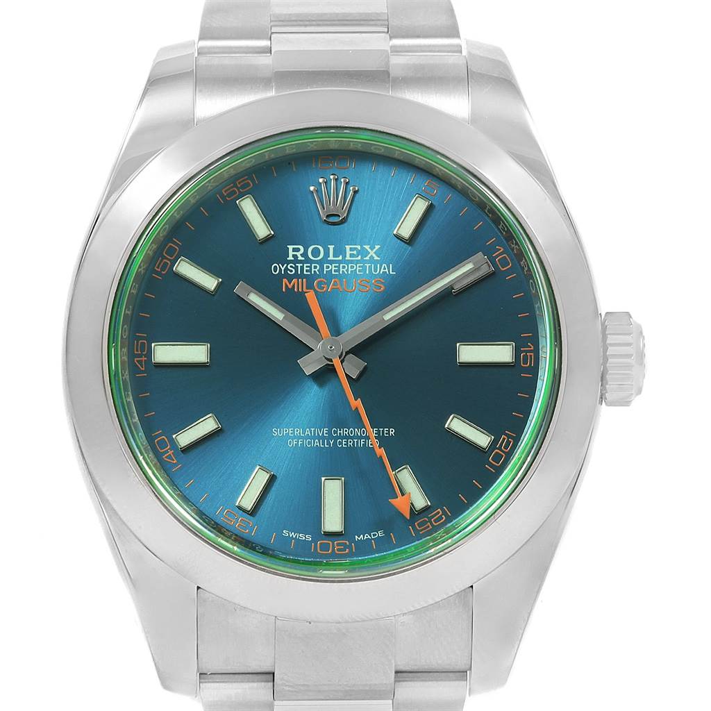 This image is a front view of a Rolex Milgauss 116400V Men's Stainless Steel Blue Dial 116400V Men's Stainless Steel Blue Dial watch, displaying its blue dial, hands, and stainless steel bracelet.