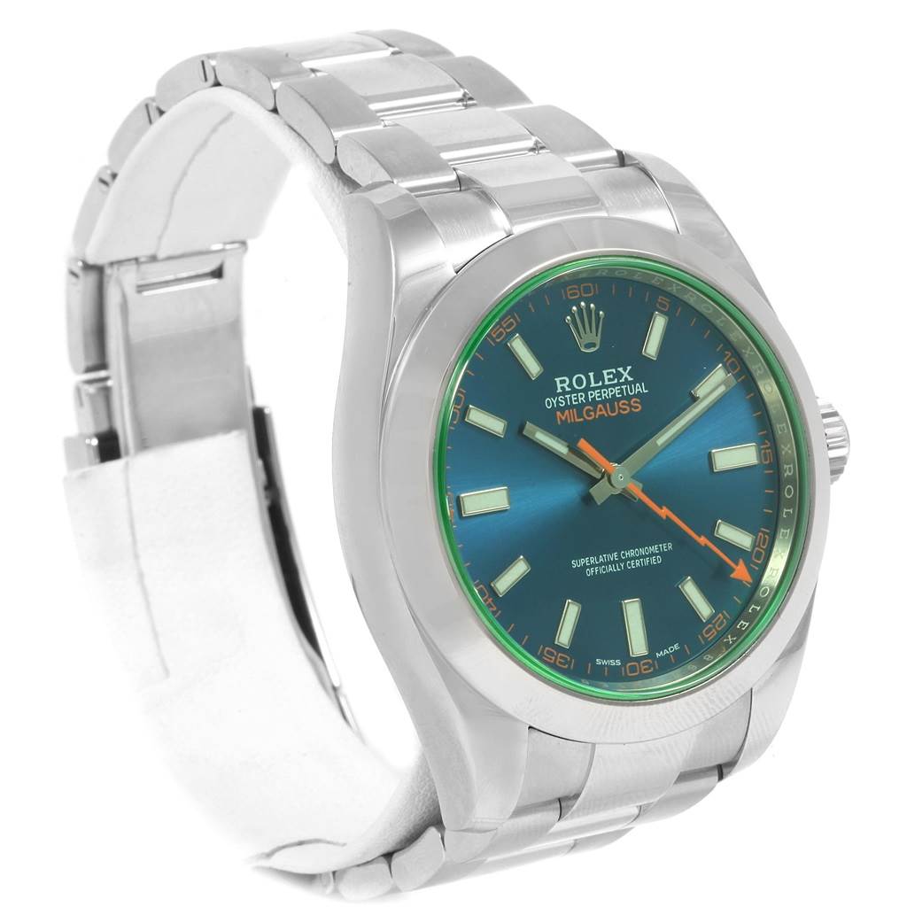 The image shows a side angle view of the Rolex Milgauss 116400V Men's Stainless Steel Blue Dial 116400V Men's Stainless Steel Blue Dial watch, highlighting the blue dial, green sapphire crystal, and stainless steel bracelet.