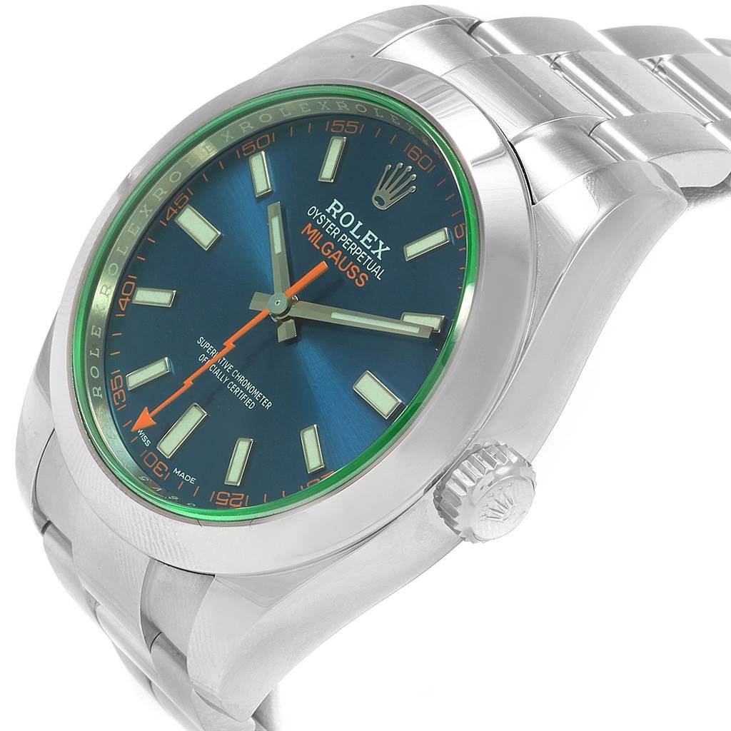 The image shows a Rolex Milgauss 116400V Men's Stainless Steel Blue Dial 116400V Men's Stainless Steel Blue Dial watch from a side angle featuring the watch face, crown, and part of the stainless steel bracelet.